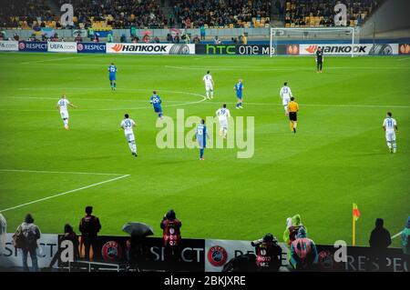 KYIV, UKRAINE - MAY 14, 2015 Football players of FС Dnipro and FС Napoli running during their UEFA Europa League semifinal game  Stock Photo