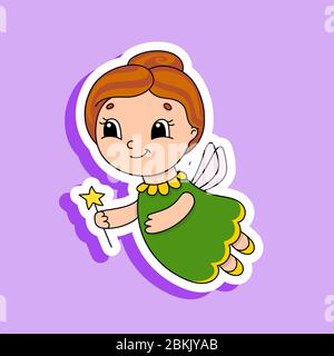 Elderly tooth fairy in a dress with wings and a magic wand. Bright color sticker. Cartoon character. Vector illustration. Design element. With white c Stock Vector
