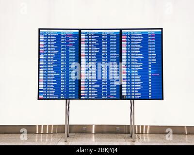 Moscow, Russia - May 6, 2019: Electronic scoreboard flights and airlines. Various destinations on a light board. Airport flight information arrival Stock Photo