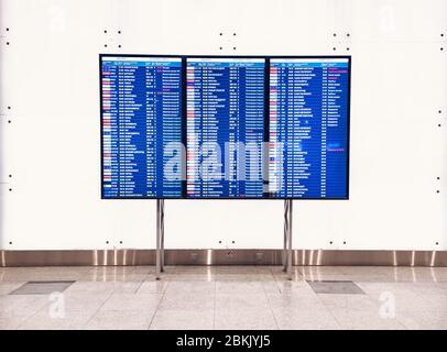 Moscow, Russia - May 6, 2019: Electronic scoreboard flights and airlines. Various destinations on a light board. Airport flight information arrival Stock Photo