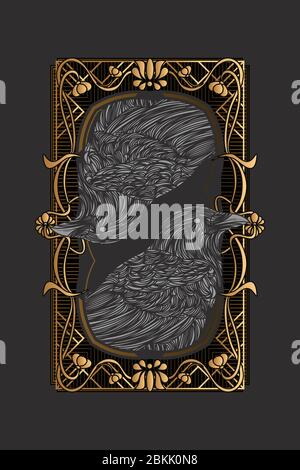 Dark Raven Illustration with Art Nouveau Ornament. Suitable for T-shirt Illustration, Cover Art and Printing Art. Stock Vector