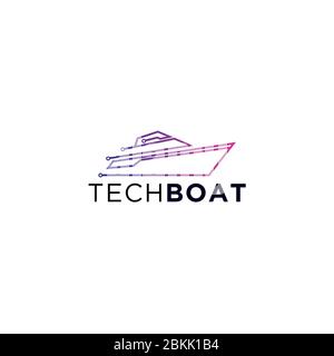 Tech boat Logo, simple line art logo design inspiration Stock Vector