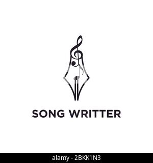Write a Song, pencil nib with music note symbol logo design Stock Vector