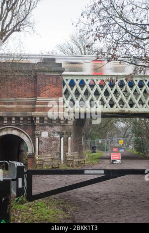 Kew Railway Bridge Thames Path Bench Thames Path Teddington to Kew, Richmond London Stock Photo