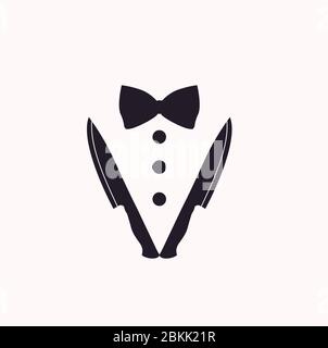 Bow Tie, Knives, Restaurant Dinner or kitchen logo design Stock Vector