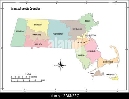 massachusetts state outline administrative and political vector map in color Stock Vector