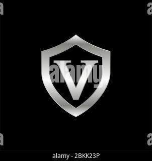 Initial v with shield metal metallic silver logo on a dark background Stock Vector