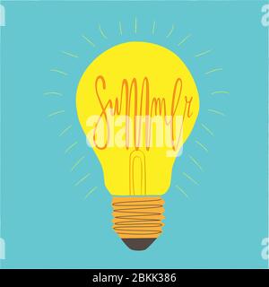 Vector drawing. Edison lamp with a spiral in the form of a lettering of the word Summer. Stock Vector