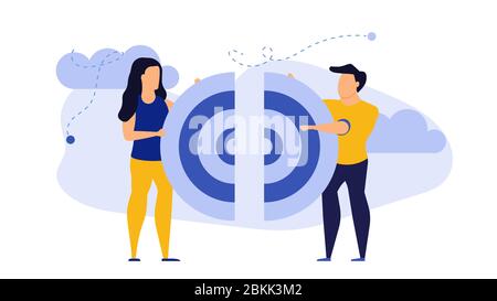 Target business puzzle concept vector illustration teamwork people. Businessman team strategy communication success. Idea jigsaw piece symbol. Connect Stock Vector