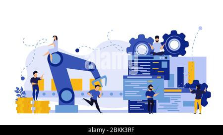 Vector business industry robot factory concept illustration future production process with infographic chart and people. Smart revolution technology m Stock Vector