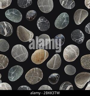 Seamless pattern different color stones. Rocks with texture. Scandinavian wild nature trend surface design on dark background. Gray brown and black Stock Photo