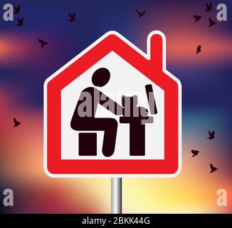 Road sign on sky with birds remote work from home computer Stock Vector