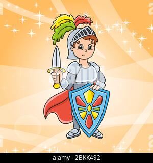 Cute character. Brave knight. Colorful vector illustration. Cartoon style. Isolated on color abstract background. Template for your design, books, sti Stock Vector