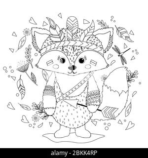 A Fox cub in an Indian war hat with feathers. Coloring book for children. Hand drawn ethnic animal for coloring pages, art therapy, boho t-shirt patte Stock Vector