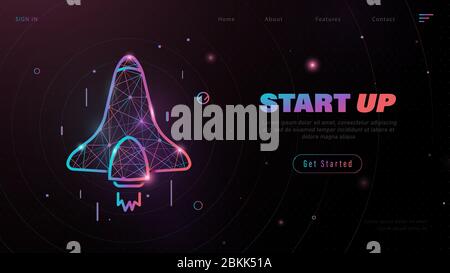 Business Start Up Concept for banner, web page, presentation, landing page template. Rocket launch into undiscovered space. Low poly wireframe. Vector Stock Vector