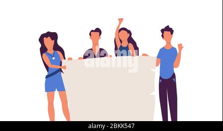 Standing people holding banner vector flat illustration. Character friend protest together blank. Group demonstration poster parade. Human activist co Stock Vector