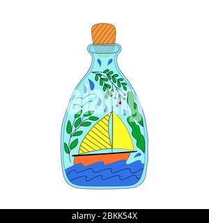 Image of a bootle with a sailboat and leaves inside on a vector graphics, on a white background. For design covers, prints on clothes Stock Vector