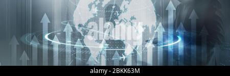Planet globe 3D Businwss background. Silhouettes against the city background. Stock Photo
