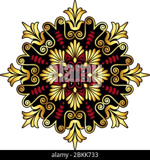 Traditional vintage gold and red circle Greek ornament and floral pattern on white background Stock Vector