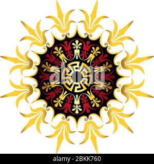 Traditional vintage gold and red circle Greek ornament and floral pattern on white background Stock Vector