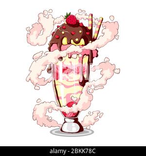 Ice cream in sundae glass dish cup with sliced strawberry, chocolate, dragee and wafer stick. Vector hand drawn illustration isolated on white backgro Stock Vector