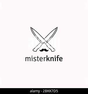 mister knife logo,Vintage Retro line art kitchen Knife with mustache Logo Design Stock Vector