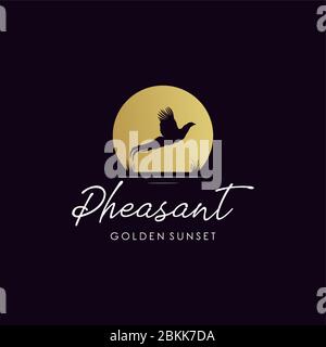 silhouette of pheasant logo design with golden sunset Stock Vector
