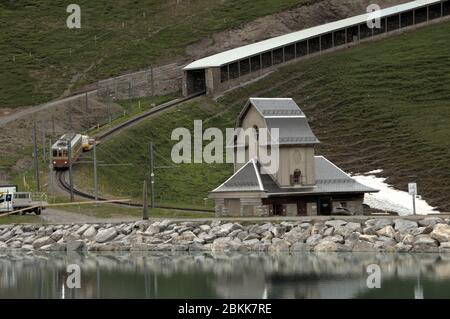 Eiger museum in Grindelwald with funicular railway, Swiss Alps Stock Photo