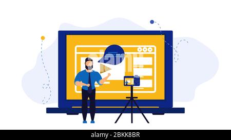 Video vloger business vector illustration concept. Web vlog design social media broadcast advertising creator. Online stream webinar movie tutorial. E Stock Vector