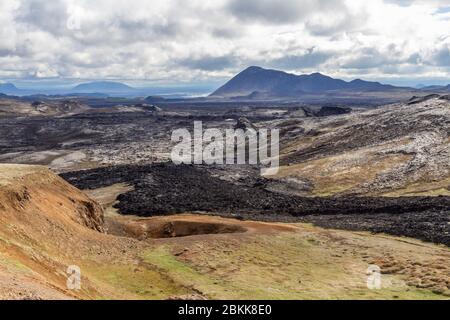 View over a recent (last 30 years) lava flow (looking south) in the Krafla volcanic area near Mývatn, Iceland. Stock Photo