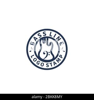 Bass Emblem Badge/ Stamp logo design with Cello / Bass Clef instrument and music note icon Stock Vector