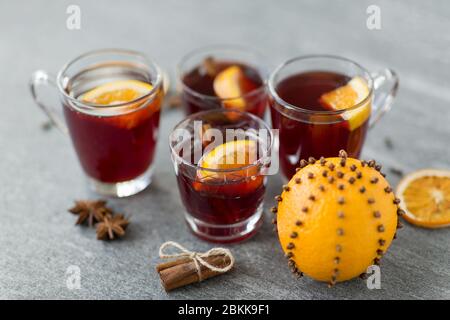 glasses of mulled wine with orange and cinnamon Stock Photo
