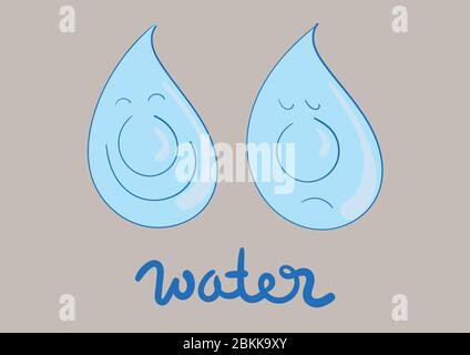 Two water droplets, a happy one and a sad one. Color vector illustration doodle Stock Vector