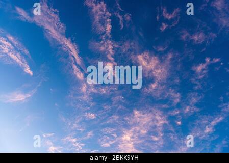 Panoramic view of blue sky with sparse thin orange color delicate near transparent sunset clouds Stock Photo