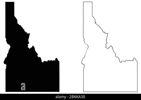 Idaho ID state Maps. Black silhouette and outline isolated on a white background. EPS Vector Stock Vector