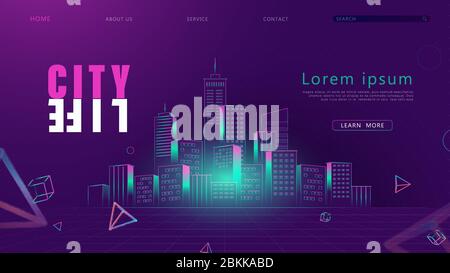 Futuristic retro Night City Skyline in 80s 90s style. Digital retro landscape cyber surface. Banner, web page, presentation, landing page template. Ve Stock Vector