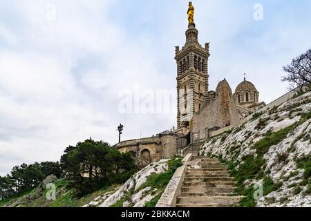 The scenic basilica of Notre Dame de la Garde is the symbol of Marseille and offers a beautiful panoramic view of the city, France Stock Photo