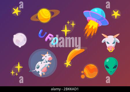 flat ufo sticker pack in fantasy style. Alien Doodle icon set illustration. Space childish vector object. Spaceship, aliens, cow, stars, comet, saturn, moon, mars digital clipart. Stock Vector