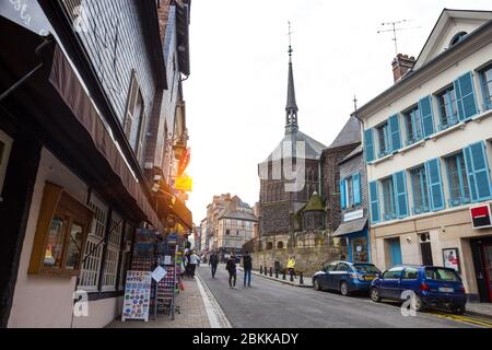 HONFLEUR, FRANCE - APRIL 8, 2018: view of empty streets in the famous French city Honfleur. Normandy, France Stock Photo