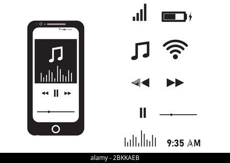 Smartphone Music Player. A set of icons within a music player. Icons of volume time battery life wifi signal forward backward pause and volume. Stock Vector