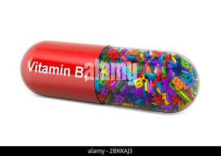 Vitamin capsule B1, thiamine. 3D rendering isolated on white background Stock Photo