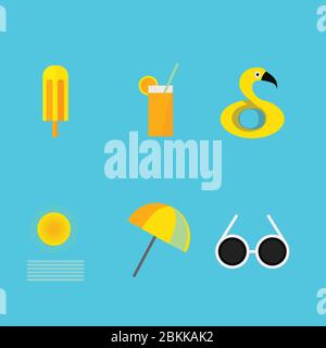 Summer Set vector Premium Popsicle Orange Juice Floaty Sun Sea Umbrella Glasses Stock Vector