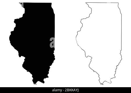 Illinois IL state Maps. Black silhouette and outline isolated on a white background. EPS Vector Stock Vector