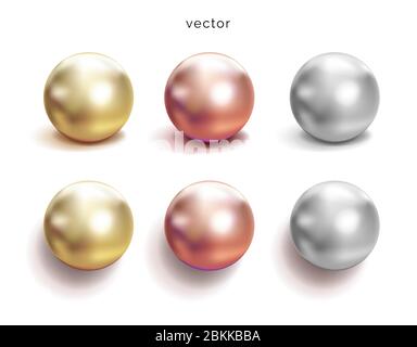 Set of pearl silver, pink or rose gold and gold spheres with glares icons isolated on white background, vector illustration. Stock Vector