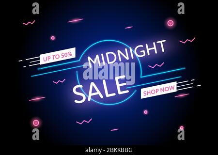 Midnight sale up to 50% promotion glowing light blue and pink banner in memphis style. Stock Vector