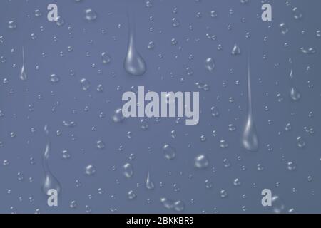 Transparent water drops on the blue surface, vector illustration Stock Vector