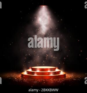Podium with lighting. Scene with for award ceremony on dark background with smoke. Vector illustration. Gold podium on dark background with smoke. Stock Vector
