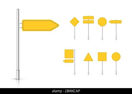 Mockup yellow traffic sign isolated on white background. Set of road signpost. Vector illustration. Stock Vector