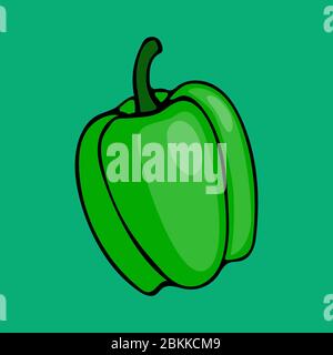 Vector hand drawn cartoon illustration of green bell pepper. Sketch of farm and garden vegetable, harvesting season. Icon isolated on green background Stock Vector