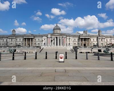 London. UK. May the 4th, 2020 at 11am. Wide view angle of Trafalgar Square and The National Gallery during the Outbreak.